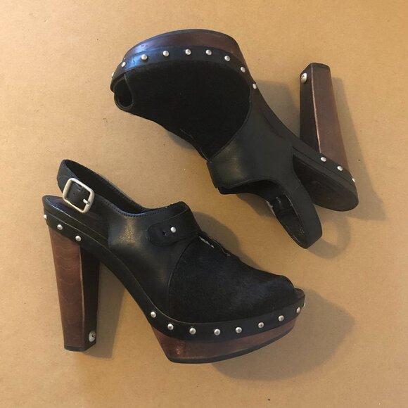 UGG Heels Women's Size 8.5 Black Leather Studded CALF HAIR Nicco Shoes Peep Toe - Picture 9 of 11